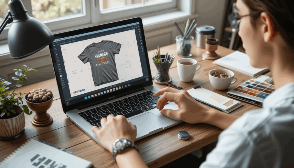 Desainer membuat desain kaos vintage retro menggunakan Kittl dengan editor t-shirt mockup di layar laptop