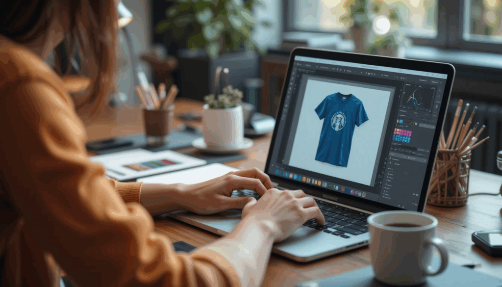 Desainer membuat desain kaos menggunakan Photopea dengan editor t-shirt mockup dan panel layer