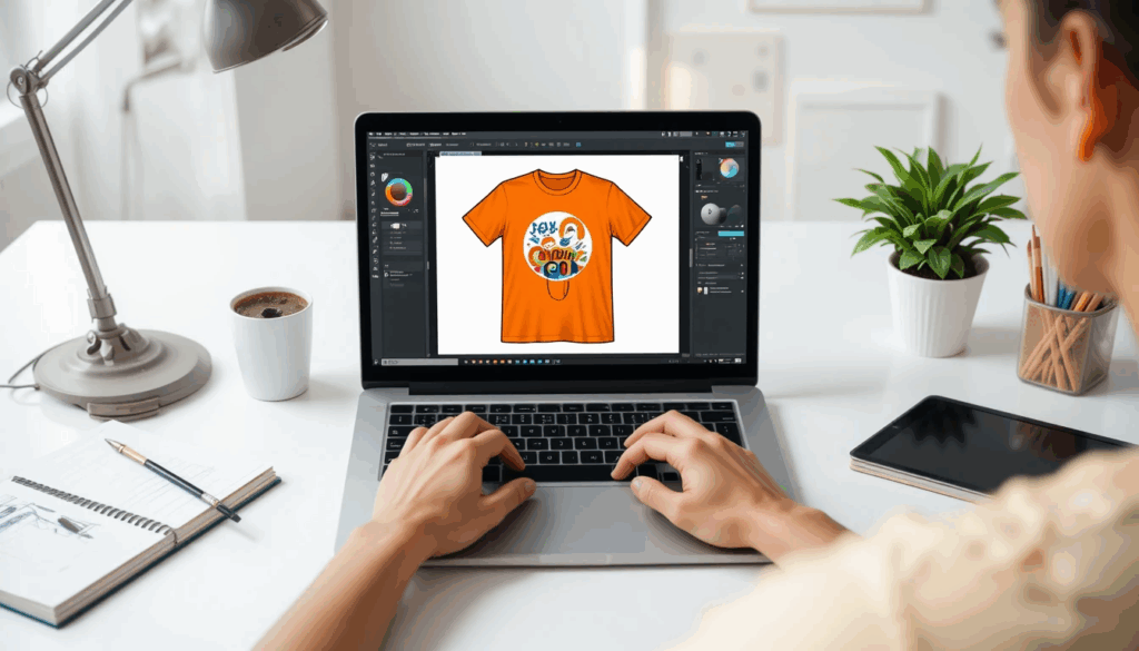 Desainer membuat desain kaos di Figma dengan tampilan artboard t-shirt dan tools vector di layar laptop