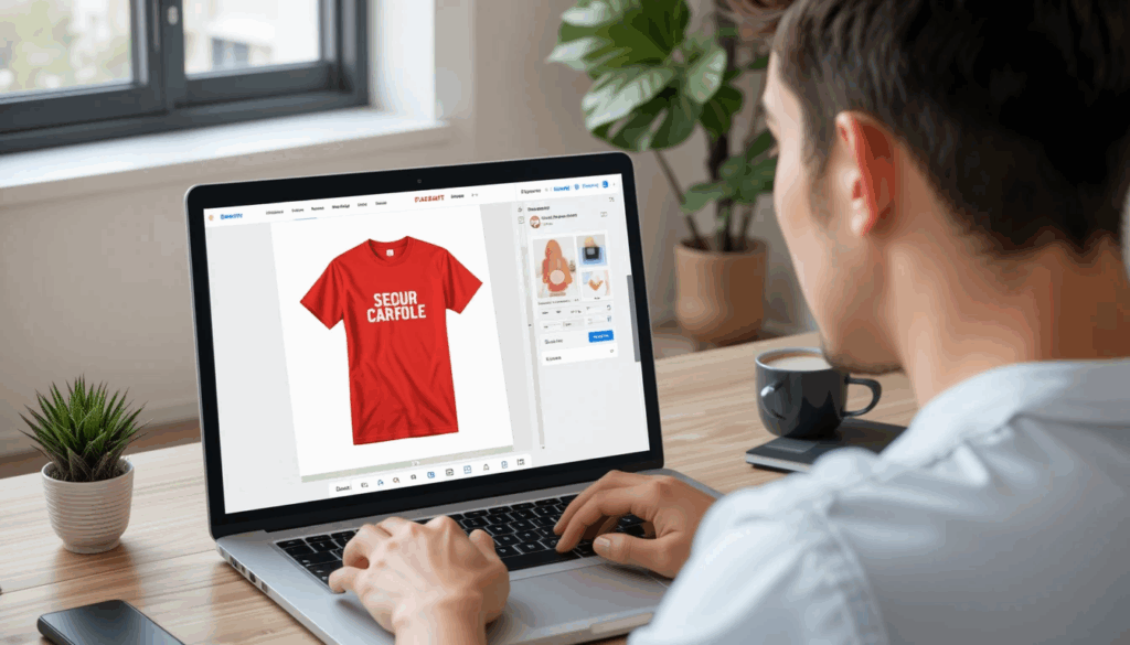 Desainer membuat desain kaos sendiri di Placeit by Envato dengan mockup t-shirt profesional