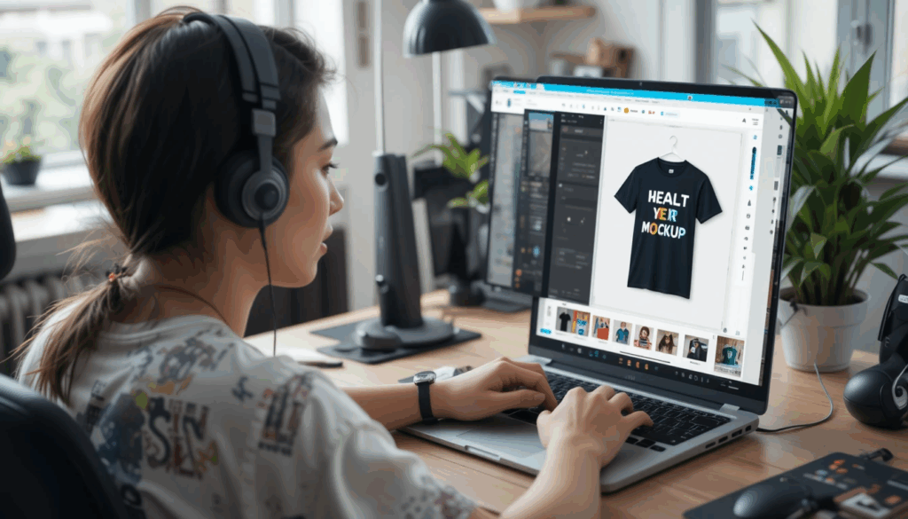 Desainer pemula membuat desain kaos di Canva dengan template t-shirt dan editor drag-and-drop