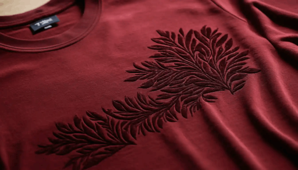 Close-up kaos dengan sablon flocking (beludru) warna merah tua, menampilkan tekstur lembut dan timbul pada permukaan kain yang halus.