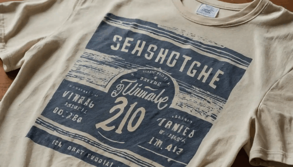 Close-up kaos dengan sablon discharge (cabut warna) bergaya vintage, menampilkan desain pudar dengan warna lembut yang menyatu halus pada kain.